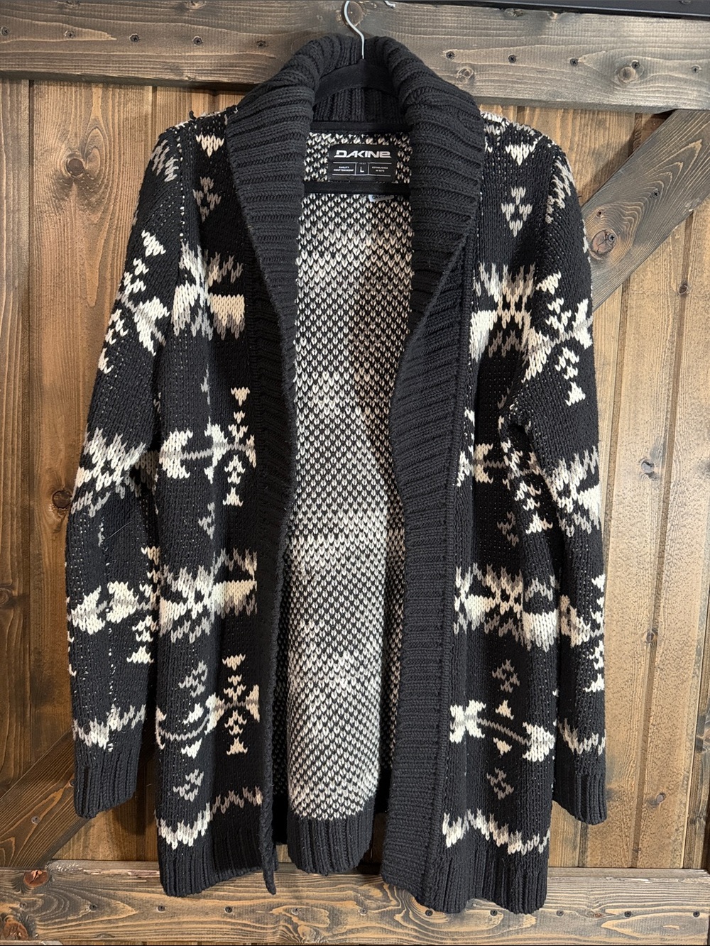 Dakine Black and White Open-Front Fair Isle Shawl Collar Cardigan